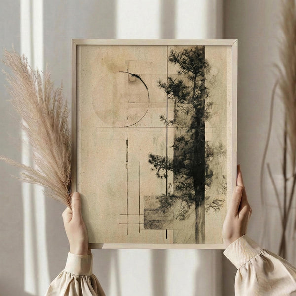 May include: Person in cream sweater holding framed artwork featuring abstract geometric lines overlaid with dark pine tree branches on aged beige paper background. Natural light streams through white curtains while dried wheat stalks are held in other hand, creating warm minimalist home decor scene with earthy tones.