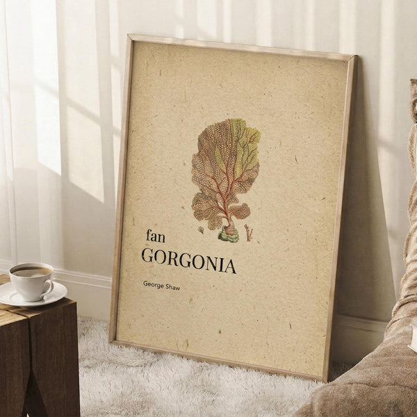 May include: Framed botanical print featuring a detailed sea fan coral illustration in earthy tones of brown, green and rust on textured cream paper. The vintage-style scientific artwork shows delicate branching coral structure with small detail studies below. Light wooden frame leans against white paneled wall next to cozy beige blanket and wooden side table with white coffee cup, creating a serene natural home decor scene with soft window lighting.