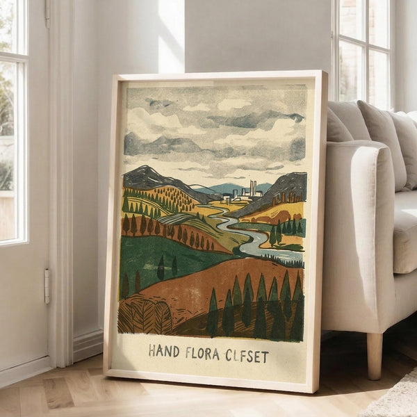 May include: Framed vintage-style landscape poster leaning against beige couch in bright living room with white walls and large windows. Print features rolling hills, winding river, mountains, and industrial buildings in earthy greens, oranges, and browns with cloudy sky. Text reads "HAND FLORA OFFSET" at bottom. Light wood frame on hardwood floors.