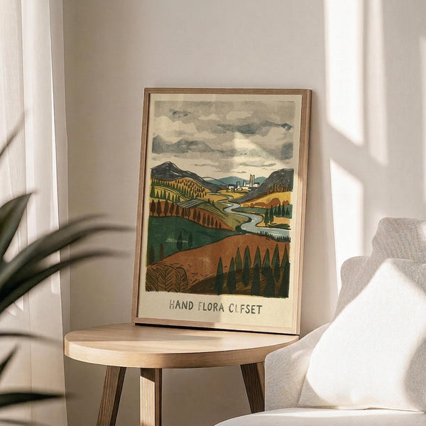 May include: Framed landscape artwork displayed on round wooden side table next to beige upholstered chair. Print shows rolling hills in earthy tones of green, yellow, and orange with winding river, distant buildings, and cloudy sky. Text reads "HAND FLORA OFFSET" at bottom. Natural lighting creates soft shadows on neutral wall background with plant leaves visible.