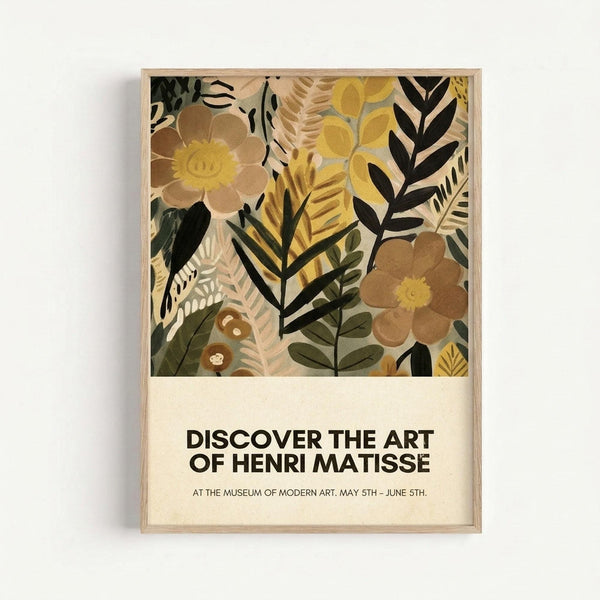 Framed art print featuring an abstract botanical collage with large brown flowers, dark leafy branches, and various foliage in warm earth tones of yellow, green, and brown. Below the artwork is cream-colored text reading "DISCOVER THE ART OF HENRI MATISSE" with exhibition details. The print is displayed in a simple light wood frame against a white wall.