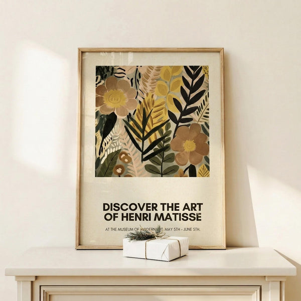 May include: Framed botanical art print displayed on light wood console table against cream wall. Artwork features stylized flowers and leaves in warm earth tones - golden yellow, sage green, brown, and cream. Print shows "DISCOVER THE ART OF HENRI MATISSE" text below collage-style floral design. Natural wood frame with cream matting. Small wrapped gift box with twine sits nearby on table surface.