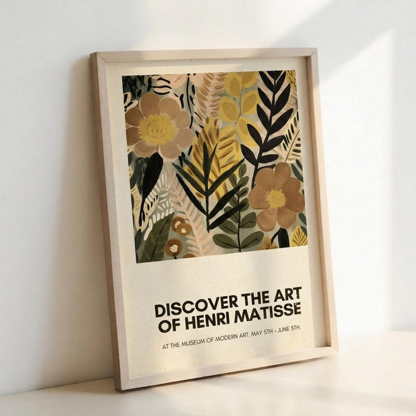 May include: A framed art print leaning against a white wall, featuring an abstract floral collage design with layered botanical elements in warm earth tones - golden yellow, sage green, brown, and cream. The artwork shows stylized flowers, leaves, and plant motifs in a cut-paper aesthetic. Below the colorful botanical illustration, black text reads "DISCOVER THE ART OF HENRI MATISSE" with smaller text indicating a museum exhibition. The print is displayed in a light wooden frame.