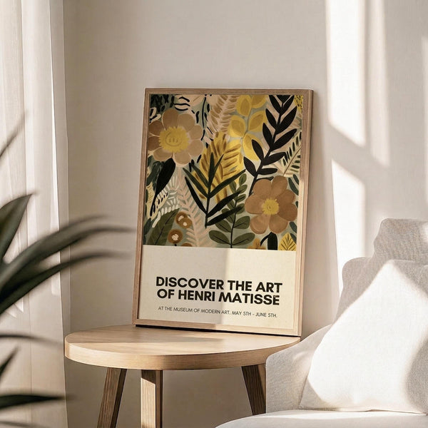 May include: Matisse-inspired botanical poster with stylized flowers and leaves in warm yellows, greens, and browns, displayed in light wood frame on round wooden side table next to beige upholstered chair. Soft natural lighting creates gentle shadows on neutral wall background with plant leaves visible in corner.