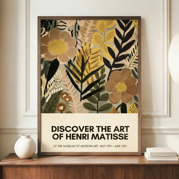 May include: Framed poster with botanical illustration in Matisse-inspired style featuring overlapping flowers and leaves in warm tones of yellow, brown, and green against cream background. Bold text below reads "DISCOVER THE ART OF HENRI MATISSE" with museum exhibition details. Display shows poster leaning on wooden sideboard next to white ceramic vase and stacked books in bright, modern interior with white walls and crown molding.