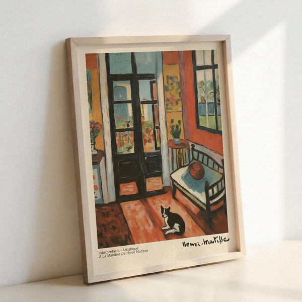 May include: Framed art print leaning against white wall showing colorful interior scene with black and white cat on wooden floor, open French doors, chair with blue cushion, potted plants, and vibrant orange, green, and yellow color palette in Matisse-inspired style. Light wood frame with white matting.