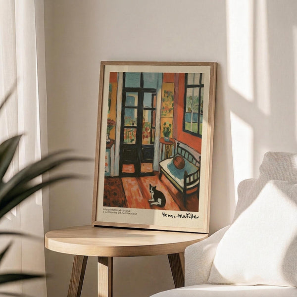 May include: Framed Henri Matisse art print displayed on round wooden side table next to beige upholstered chair. The colorful interior scene shows a room with orange walls, wooden floors, black and white cat, green chair, and windows. Soft natural lighting creates shadows across neutral walls. Plant leaves visible in corner of minimalist living space setting.