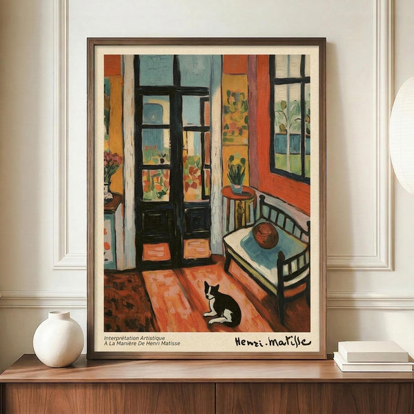 May include: Framed Henri Matisse-style interior painting showing colorful room with black and white cat sitting on orange wooden floor, green chair with pillow, dark French doors opening to garden view, vibrant orange and blue walls with botanical artwork. Print displayed on wooden credenza beside white ceramic vase and stacked books in neutral modern room with white walls and crown molding.