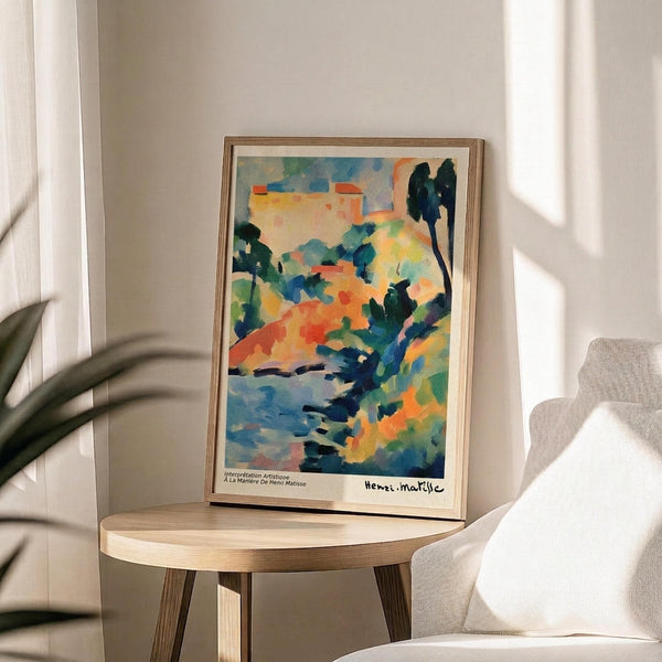 May include: Framed Henri Matisse landscape print in warm wood frame, displaying vibrant watercolor-style artwork with orange, blue, and green brushstrokes depicting Mediterranean hillside scene with trees and buildings. Print sits on round wooden side table next to beige upholstered chair in bright, naturally-lit room with white walls and plant shadows.