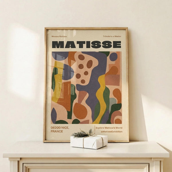 May include: Framed Matisse exhibition poster in light wood frame leaning against white wall on light wooden shelf. Features abstract cut-out style artwork with organic shapes in muted colors - peach, green, purple, yellow, and orange. Text reads "MATISSE" at top, "06200 NICE, FRANCE" and "Explore Matisse's World" at bottom. Small white wrapped gift with twine and greenery sits beside frame.