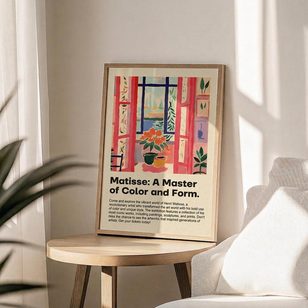 May include: A framed poster featuring a vibrant Matisse-style interior scene with red curtains, blue window frame, colorful flowers, and green plants, displayed on a light wood round table next to a beige upholstered chair. Natural sunlight streams across white walls, with a plant's shadow visible in the corner. The artwork shows bold colors and flat shapes typical of Matisse's fauve style.
