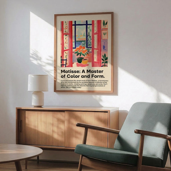 May include: Framed art print of a Matisse-style interior scene with red window frames, colorful plants, and ocean view, displayed above a mid-century modern wooden sideboard with ceramic lamp, next to a sage green upholstered armchair with walnut frame in a sunlit room with white walls.
