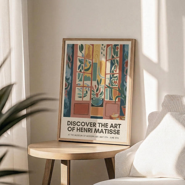 May include: Framed art print displayed on round wooden side table next to beige upholstered chair. Poster features colorful abstract interior scene with window, plants, and geometric shapes in blues, oranges, and greens. Text reads "Discover the Art of Henri Matisse" with museum exhibition details. Natural lighting creates soft shadows across neutral-toned room setting.