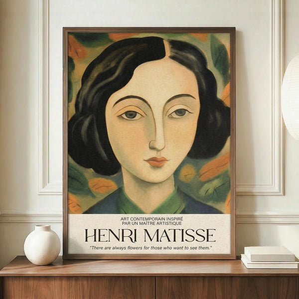 May include: Framed art print featuring a portrait of a woman with black wavy hair and pale skin against a colorful floral background in warm orange, green and blue tones. The poster shows Henri Matisse's name and a quote about flowers at the bottom. The frame sits on a wooden sideboard next to a white ceramic vase and books in a bright room with white paneled walls.