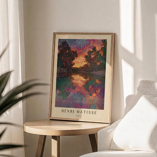 May include: Framed art print featuring a colorful landscape with trees reflected in water, displayed on a light wood round side table next to a beige upholstered chair. The artwork shows vibrant purples, oranges, and greens in an impressionist style with "HENRI MATISSE PARIS" text below. Natural sunlight creates shadows on the cream-colored wall behind.