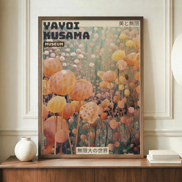 May include: Framed poster displaying colorful polka-dotted spherical forms in pink, orange, and yellow tones against a green background, with "YAYOI KUSAMA MUSEUM" text and Japanese characters. Poster sits on wooden credenza beside white ceramic vase and stacked books in room with cream walls and white trim molding.