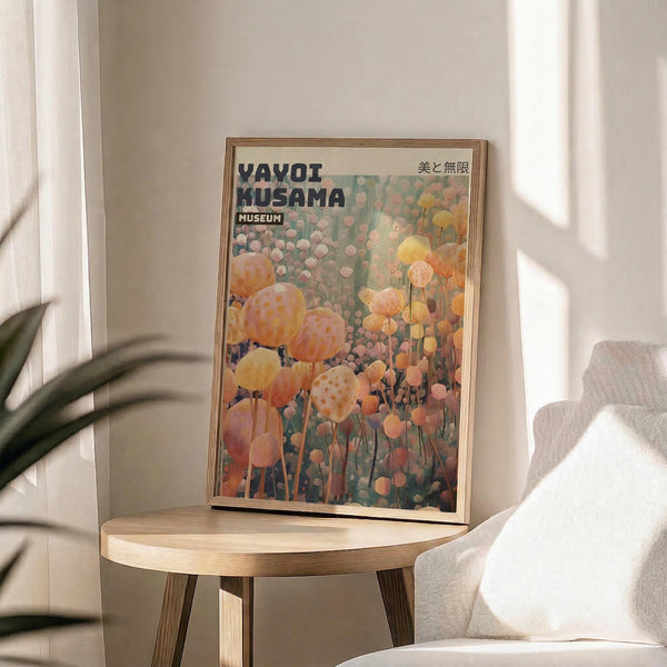 May include: Framed poster featuring colorful polka-dotted spherical sculptures in orange, yellow, and pink tones against a dreamy background, displayed on a light wood round side table next to a cream upholstered chair with plant shadows cast on white walls from natural window light.