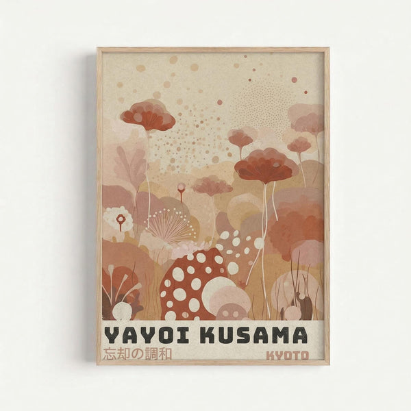 Framed art print featuring abstract botanical illustration in warm earth tones of rust, coral, beige and cream. Stylized mushrooms, flowers and organic shapes create a dreamy landscape with dotted patterns and watercolor-like textures. Text at bottom reads "YAYOI KUSAMA" with Japanese characters and "KYOTO". Light wood frame against white wall background.