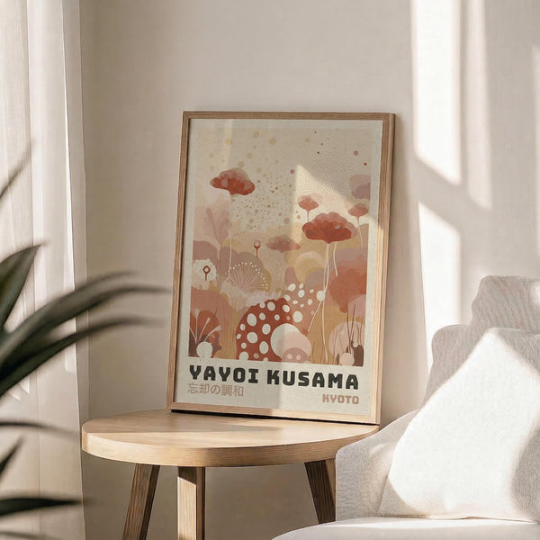 May include: Framed art print in natural wood frame sitting on round wooden side table next to beige upholstered chair. The poster features abstract botanical illustration with coral and pink mushrooms, flowers, and organic shapes in watercolor style, with "YAYOI KUSAMA" and "KYOTO" text at bottom. Soft natural lighting creates shadows on white wall, with plant leaves visible in corner.