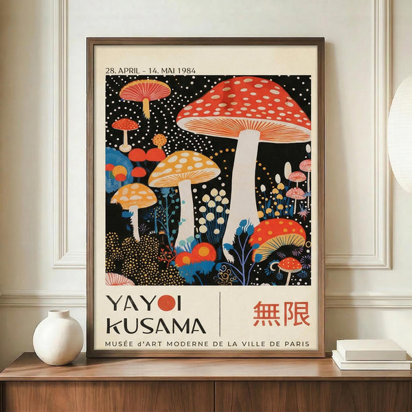 May include: Framed vintage exhibition poster featuring colorful mushrooms and fungi on black dotted background, displayed on wooden sideboard next to white ceramic vase and books. Poster shows red spotted toadstools, orange and yellow mushrooms with white stems, blue foliage elements. Text reads "28. APRIL - 14. MAI 1984" and "YAYOI KUSAMA" with "MUSÉE D'ART MODERNE DE LA VILLE DE PARIS" below. Warm beige wall background with white trim molding visible.