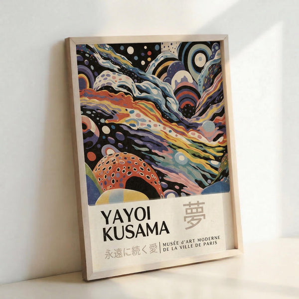 May include: Framed art print leaning against white wall showing abstract swirling patterns in vibrant colors including orange, blue, purple, yellow, and black with polka-dotted organic shapes and flowing lines. Text reads "YAYOI KUSAMA" with Japanese characters and "MUSÉE D'ART MODERNE DE LA VILLE DE PARIS" below the colorful psychedelic artwork in natural wood frame.