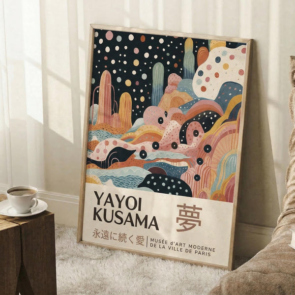 May include: Framed art poster leaning against white wall on fluffy white rug. Features colorful abstract design with cacti, flowing organic shapes, polka dots on black starry sky transitioning to warm coral and earth tones below. Text shows "YAYOI KUSAMA" and Japanese characters with museum credit. White coffee cup on wooden block nearby, beige throw blanket visible at edge.