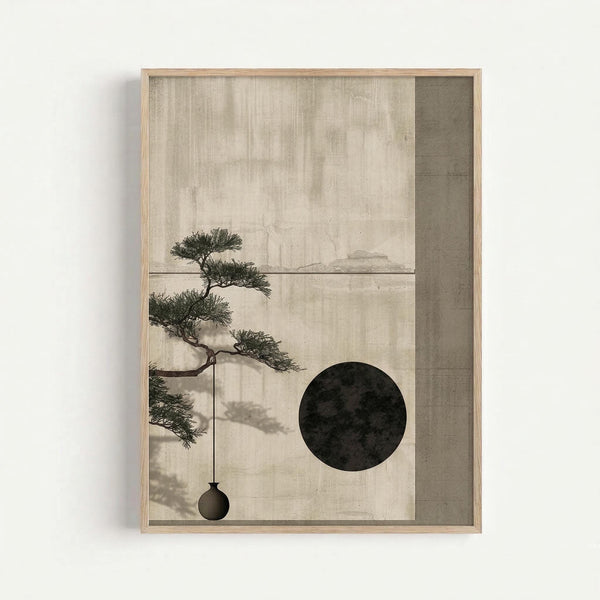 May include: Framed minimalist artwork featuring a stylized bonsai tree branch extending from the left side with delicate foliage, a small dark sphere hanging from the branch, and a large black circle positioned on the right. The background has a textured, weathered appearance in muted beige and gray tones. The piece is displayed in a light wood frame against a white wall, creating a serene, Japanese-inspired aesthetic.