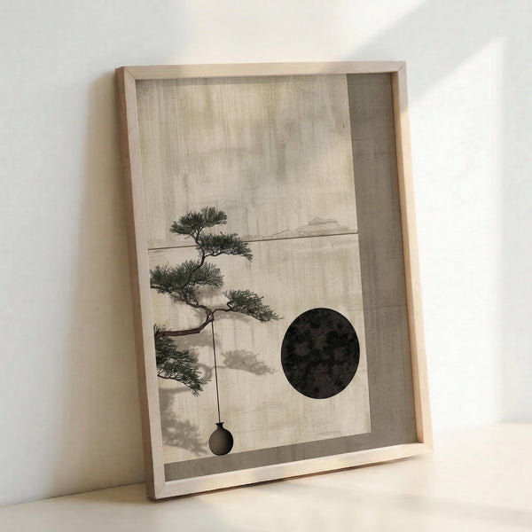 May include: Framed minimalist artwork leaning against white wall showing bonsai tree branch with delicate foliage extending from left side, dark circular moon shape on right, and small hanging ornament suspended from branch. Muted beige and gray tones with natural wood frame. Soft natural lighting creates gentle shadows on wall.