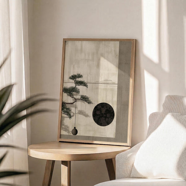 May include: Framed botanical art print displayed on round wooden side table next to beige upholstered chair. Artwork features minimalist zen design with bonsai tree branch, dark circular moon shape, and hanging ornament against neutral background. Natural wood frame complements warm sunlit room with plant shadows on cream walls.