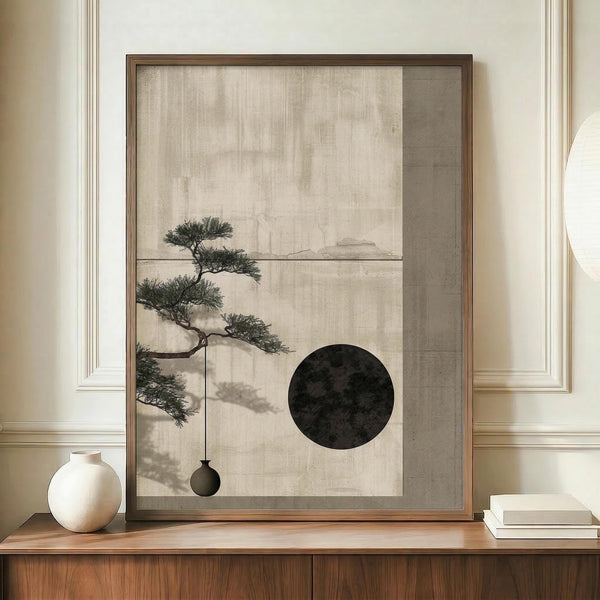 May include: A framed minimalist artwork featuring a stylized bonsai tree with delicate green foliage extending from the left side, a large black circle resembling a moon, and a small dark spherical ornament hanging below. The piece has a neutral beige textured background and is displayed on a wooden sideboard alongside a cream ceramic vase and white books in an elegant room setting.