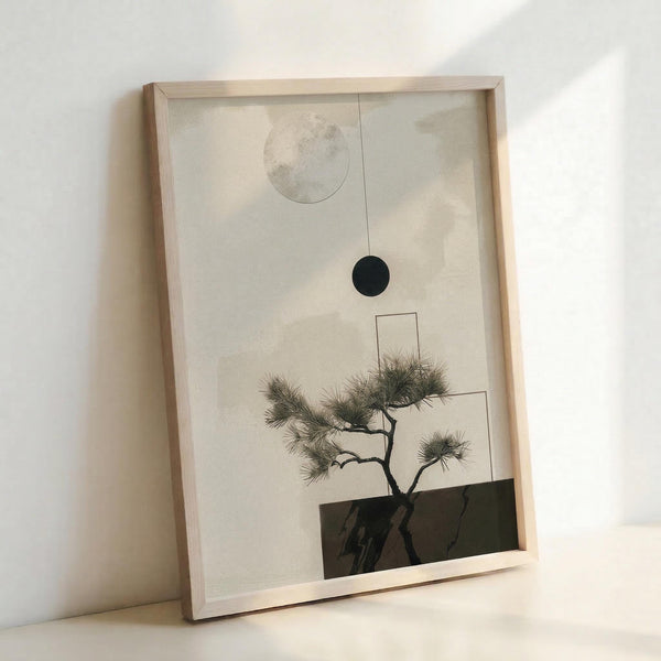 May include: Framed minimalist artwork leaning against white wall, featuring zen-style composition with delicate pine tree branch, geometric shapes including black and gray circles connected by thin line, and abstract rectangular forms in muted earth tones, all set within light wooden frame on neutral surface