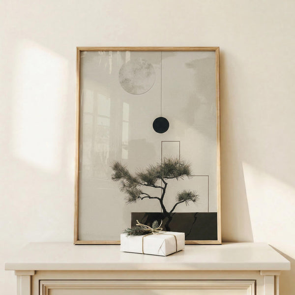May include: Framed minimalist art print featuring a delicate bonsai tree with geometric shapes - a gray textured circle, black solid circle, and white square - arranged above the tree against a neutral background. The print is displayed in a light wood frame on a pale wooden surface alongside a white gift box tied with twine and evergreen sprig. Soft natural lighting creates gentle shadows on the cream-colored wall behind.