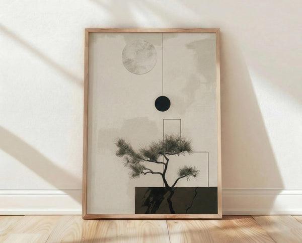 May include: Framed minimalist botanical art print leaning against white textured wall on light wood floor with natural shadows. Features delicate pine bonsai tree with geometric shapes - gray watercolor moon, dark green circle, and layered rectangles in neutral tones. Light wooden frame contains cream and sage green artwork in Japanese-inspired zen style.