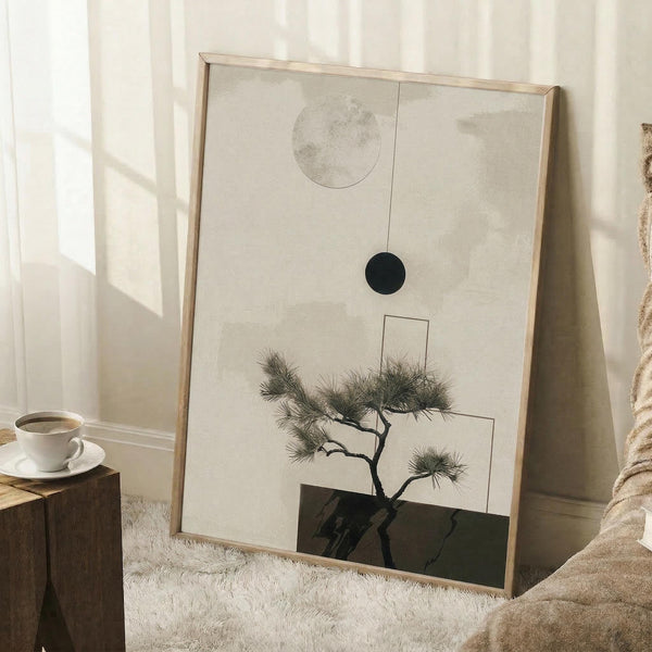 May include: Minimalist zen artwork in light wood frame leaning against white wall, featuring pine bonsai tree with geometric shapes including dark circle and light square elements on neutral beige background. Scene shows cozy corner with white coffee cup on wooden block, cream textured rug, and soft natural lighting from window.
