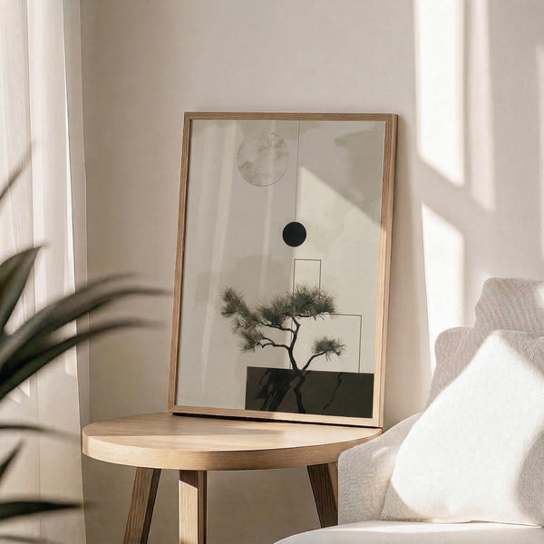 May include: Framed zen-style artwork featuring minimalist bonsai tree with geometric shapes including circles and rectangles in neutral tones, displayed on round wooden side table next to beige upholstered chair. Soft natural lighting creates shadows on cream wall, with plant leaves visible in corner of serene modern interior setting.