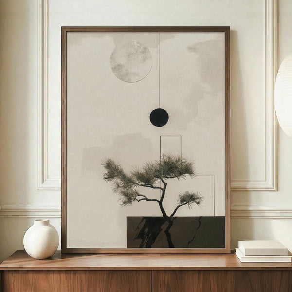 May include: Framed zen-inspired artwork featuring a minimalist bonsai tree with pine needles, geometric shapes including a gray circle and black dot against a textured beige background with rectangular elements. The wooden-framed print sits on a walnut credenza alongside a cream ceramic vase and white books in a neutral-toned room with panel molding.