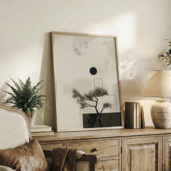 May include: Framed zen artwork featuring a minimalist bonsai tree with geometric shapes - light and dark circles above the tree against a cream background. The print sits on a rustic wooden sideboard next to a fern plant, ceramic vase, and books in a warm, natural living room setting with neutral tones and soft lighting.