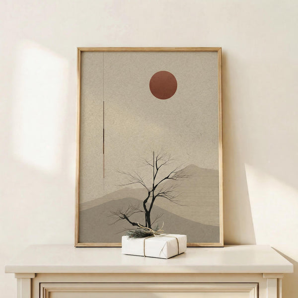 May include: Framed minimalist artwork leaning against white wall on light wood console table, featuring bare tree silhouette against layered mountain landscape with rust-colored sun on beige textured background, natural wood frame, small white wrapped gift with greenery beside it, soft natural lighting