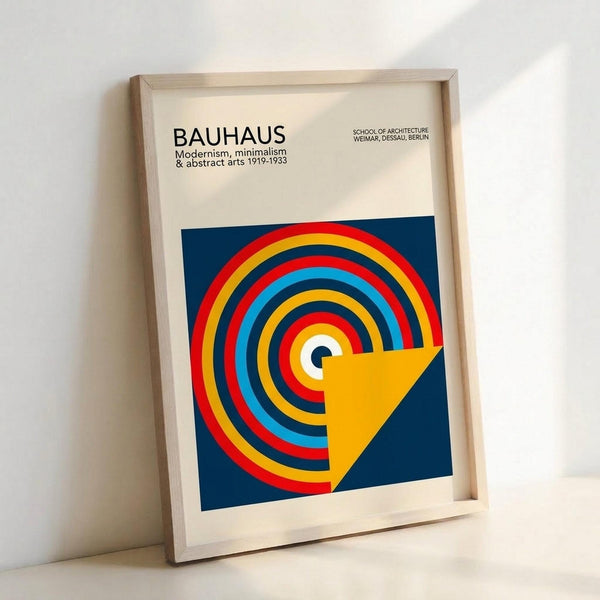 May include: Framed poster with cream mat featuring colorful concentric circles in red, yellow, blue, and orange on navy background. Yellow triangular shape intersects the circles. Text reads "BAUHAUS Modernism, minimalism & abstract arts 1919-1933" and "SCHOOL OF ARCHITECTURE WEIMAR, DESSAU, BERLIN". Light wood frame leans against white wall on light surface.