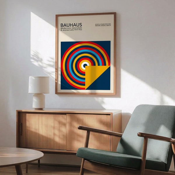May include: Framed Bauhaus poster with colorful concentric circles in red, yellow, blue, and orange on navy background, displayed above wooden sideboard in modern living room with mint green armchair, white table lamp, and natural lighting casting shadows on white wall.