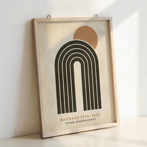 Minimalist geometric poster featuring olive green concentric arches with an orange-brown circle positioned above, printed on cream textured paper. Text reads "BAUHAUS 1919-1933 SCHOOL OF ARTS & CRAFTS" in brown lettering. The artwork is displayed in a light wood frame with hanging hardware, leaning against a white wall on a light surface.