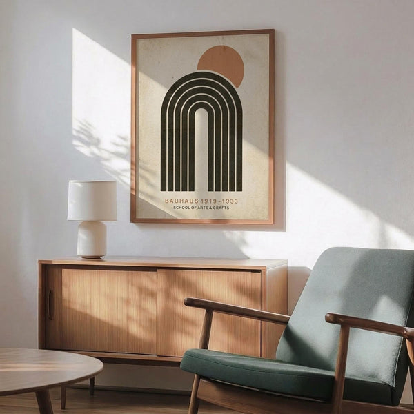 May include: Mid-century modern living room with sage green armchair and wooden sideboard. Framed Bauhaus poster featuring geometric design with dark green concentric arcs, terracotta circle, and cream background. Natural sunlight creates shadows across white walls. Round wooden coffee table and ceramic table lamp complete the minimalist scene.