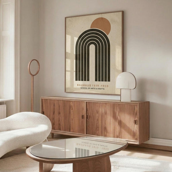 May include: Bauhaus-inspired poster with black concentric arches and orange circle on cream background, displayed above wooden sideboard in modern living room. White curved chair and glass coffee table visible. Poster features clean geometric design with mid-century aesthetic. Room has neutral tones with natural wood furniture and minimalist white table lamp.