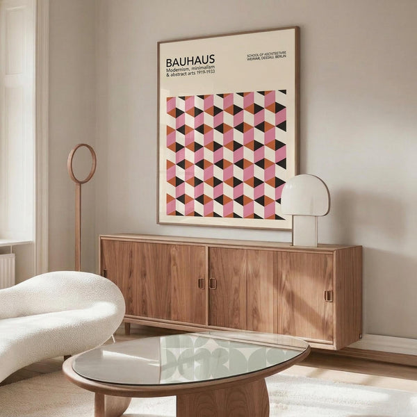 May include: Modern living room with wooden sideboard displaying a framed geometric poster featuring pink, coral, and black cube pattern. White upholstered chair, glass oval coffee table, and floor lamp visible. Poster shows three-dimensional hexagonal design in warm tones against cream background with black text header.