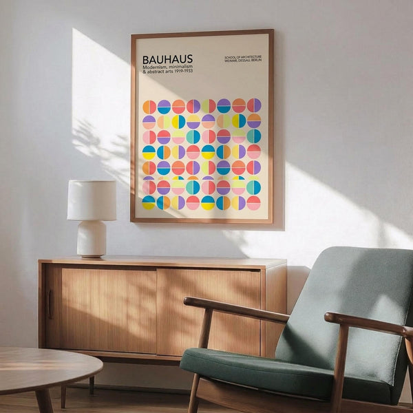 May include: Framed Bauhaus poster with colorful geometric circles in various split-color combinations hanging above a mid-century modern wooden credenza. Green upholstered armchair with wooden arms sits nearby, along with a small round coffee table and white ceramic table lamp. Bright natural light creates shadows on white wall, showcasing the poster's vibrant blues, yellows, oranges, purples, and pinks in a clean, minimalist room setting.