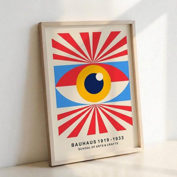 May include: A framed poster print featuring a stylized eye design in Bauhaus style, displayed in a light wooden frame against a white wall. The artwork shows a central eye with yellow iris, dark blue pupil, and white highlight, surrounded by red and white radiating sunburst rays extending from top and bottom. Blue geometric shapes frame the eye horizontally. Text at bottom reads "BAUHAUS 1919-1933 SCHOOL OF ARTS & CRAFTS" in black letters on cream background.