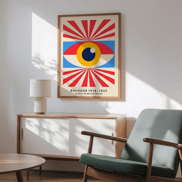 May include: Framed Bauhaus-style poster featuring a stylized eye with yellow iris, dark blue pupil, and white highlight, surrounded by red and white radiating sunburst pattern on cream background with blue accents. Displayed above modern white sideboard with ceramic lamp, next to mid-century green upholstered armchair with wooden frame in bright, naturally-lit room with white walls.