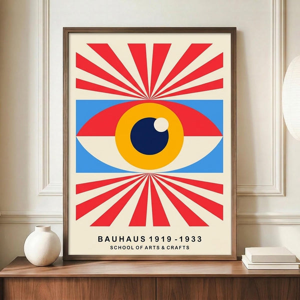 May include: Framed Bauhaus-inspired poster featuring a stylized eye with yellow iris, dark blue pupil, and white highlight, surrounded by radiating red sunburst rays on cream background with blue accents. Displayed on wooden sideboard next to small white ceramic vase and stacked books in modern interior with white paneled walls.