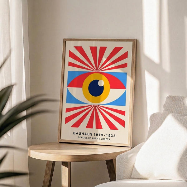 May include: Framed Bauhaus-inspired poster featuring a stylized eye with yellow iris, blue pupil, and white highlight, surrounded by radiating red and white sunburst rays on cream background. The eye sits within a blue rectangular frame. Print displayed in thin wooden frame on round wooden side table next to beige upholstered chair, with plant leaves visible in soft natural lighting.