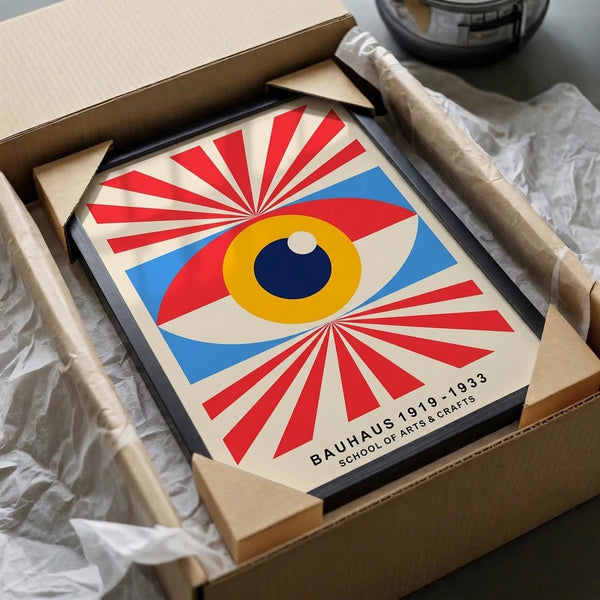 May include: Framed abstract eye artwork with radiating red and white stripes, yellow iris, dark blue pupil, and blue geometric accents, displayed in black frame inside cardboard shipping box with protective tissue paper packaging